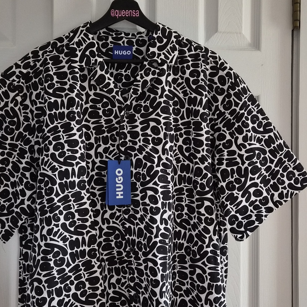 HUGO Boss Eligino Button-Up Resort Shirt In Monochrome Black & White Size XL - Picture 4 of 10